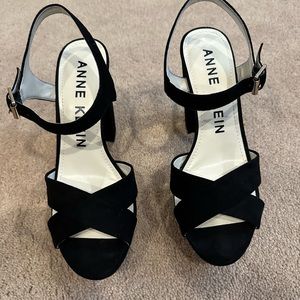 Anne Klein, Black Suede, Platform Sandal, Heel 4.5 inches